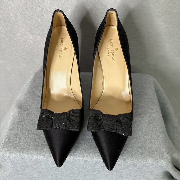kate spade new york Shoes - KATE SPADE Pumps Sz 8 Leena Black Satin Glitter Bow & Block Heel Made In Italy